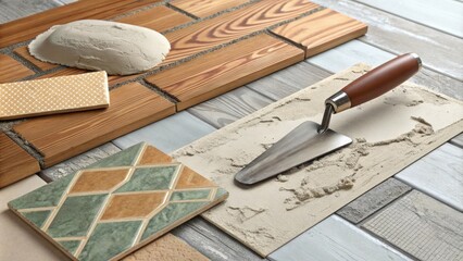 Aufkleber - A painterly arrangement of textured ceramic tiles against a backdrop of wooden boards featuring a shiny trowel and a thick blob of grout resting gently on a paper.