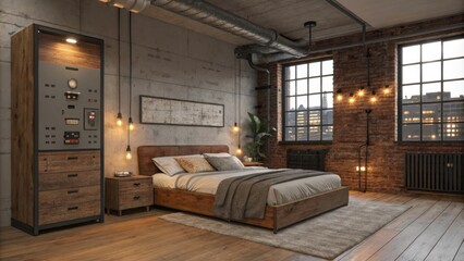 Aufkleber - An urban loft bedroom featuring an exposed electrical panel near the bed accented with soft lighting and a rustic wooden headboard creating a cozy yet edgy atmosphere.