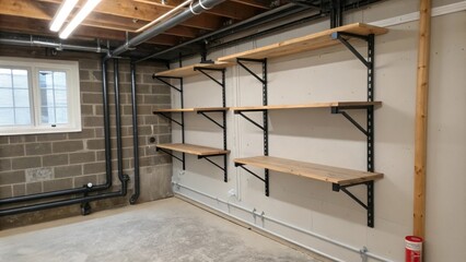Poster - An unfinished corner where industrialstyle metal brackets await shelves