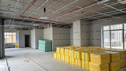 Poster - An unfinished room with exposed ceiling beams and wires. The dull gray walls contrast with the bright colors of the stacked insulation packages arranged in orderly rows.