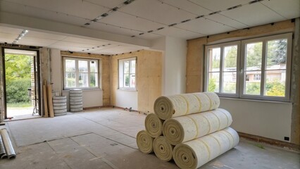 Poster - An unfinished living space with a collection of insulation rolls in a corner hinting at the upcoming renovation project.