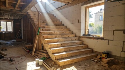 Poster - An unfinished staircase featuring rough timber with sunlight streaming through a nearby window casting shadows across the construction zone.