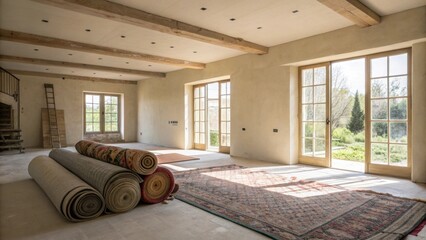 Poster - An unfinished living room featuring a stark backdrop of unfinished walls with assorted rolledup rugs ed in the corner ready to breathe life into the space.