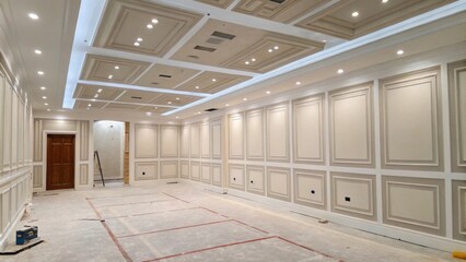 Poster - An unfinished expanse with clean lines of taped drywall the smooth surface awaiting decorative embellishments set against a featureless white ceiling.
