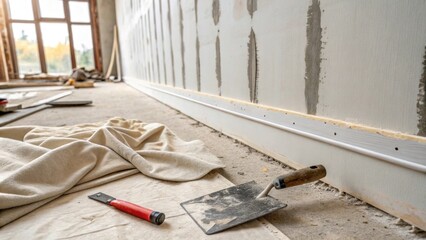 Aufkleber - An unfinished renovation scene displaying a wall covered in smooth white plaster with a steel trowel and an edge tool casually laid on a drop cloth.