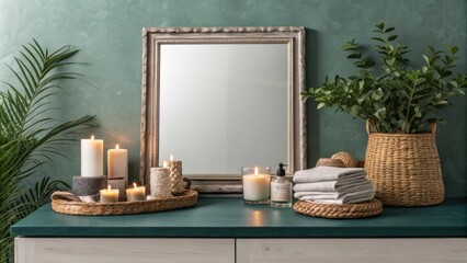 Poster - An oversized square mirror with a minimalist border rests on a deep teal countertop surrounded by flickering candles and organic bathroom accessories.