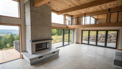 Fototapete - An overhead view of an empty living space featuring a concrete fireplace base that is integrated into the architecture hints of insulation material protruding from the sides.