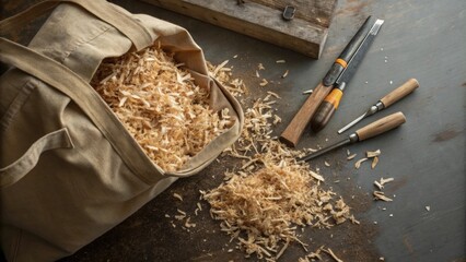 Poster - An overhead shot of a pile of shredded wood fibers spilling out from a large bag with a couple of hand tools resting beside it on a work surface.