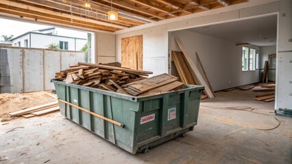 Aufkleber - An overflowing dumpster filled to the brim with used wood planks and large empty plastic containers stark against the backdrop of an unfinished living space.
