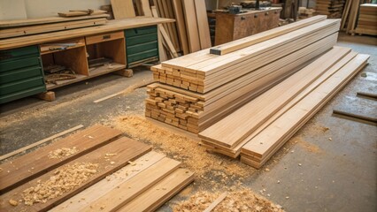 Poster - An overhead shot of a wooden plank stack revealing different lengths and widths with sawdust tered around on the floor.