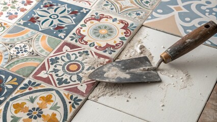 Aufkleber - An overhead shot of a multicolored ceramic tile stack showing intricate patterns with a worn trowel positioned nearby on a tileladen surface dusted with powdered grout.