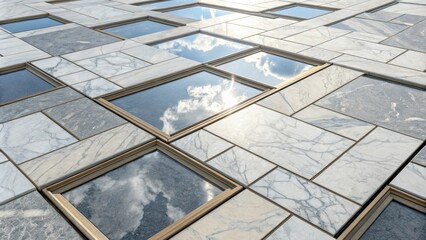 Aufkleber - An overhead shot of a carefully arranged stack of marble tiles with varying sizes their polished edges catching reflections from nearby windows.
