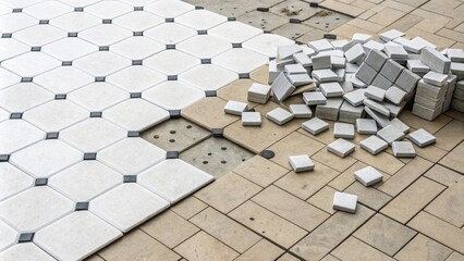 Aufkleber - An overhead perspective of a tiled floor where an unorganized stack of white and gray tile spacers contrasts sharply against the unfinished surface.