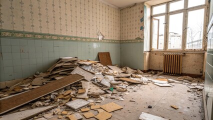 Poster - An overflowing pile of renovation debris including partially torn wallpaper leftover tile pieces and cled cardboard sitting quietly in the corner of an empty room.