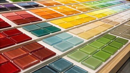 Poster - An organized display of vibrant glass tiles arranged in rows their translucent qualities catching the light and creating a captivating visual appeal ready for a chic backsplash.
