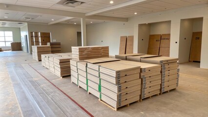Poster - An organized pile of laminate flooring boxes positioned in an empty room with walls giving a sense of anticipation for an upcoming renovation.