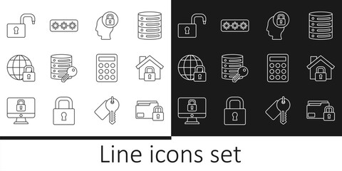 Poster - set line folder and lock, house under protection, human head with, server security key, global lockd