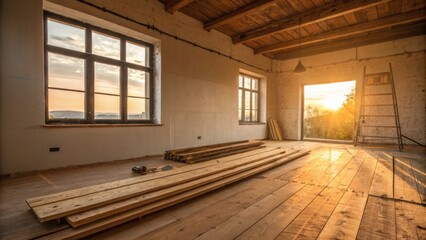 Aufkleber - An openconcept space featuring a halffinished section with wood planks laid out adjacent to a wall where a single window allows in diffused golden afternoon light.