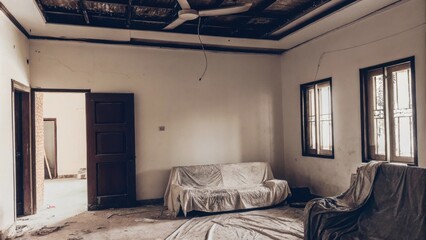 Fototapete - An openconcept living area with exposed electrical outlets a stark ceiling fixture and dust settling on the corners indicating it hasnt been occupied for some time.