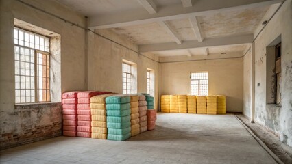 Aufkleber - An open blank canvas of a room with minimal decor where neatly stacked insulation packages provide a splash of color and texture amidst the emptiness.