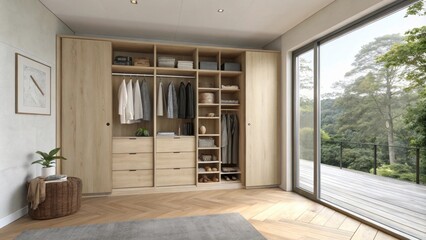 Poster - An open closet constructed from lightcolored wood boasting a single high shelf while an assortment of metal shelving pieces rest against the far wall.