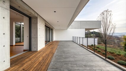 Aufkleber - An open balcony space showcases a clean grey concrete patch newly set contrasting with the rustic wooden floorboards and the stark white exterior walls.