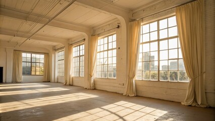 Poster - An open area with creamcolored walls and oversized windows allowing sunlight to flood the room with a slight breeze flowing through the untouched space.