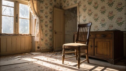 Poster - An oldfashioned room with wallpaper scraps heaped onto a vintage chair dust motes dancing in the sunlight filtering through a nearby window.