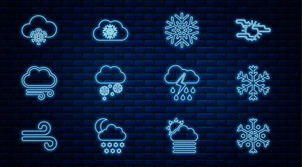 Wall Mural - Set line Snowflake, Cloud with snow, Windy weather, rain and lightning and icon. Vector