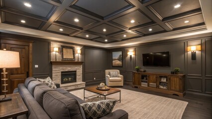 Poster - An inviting family room with a charcoal ceiling reveals newly incorporated rectangular ventilation ducts accented by ambient lighting that sets a warm mood.