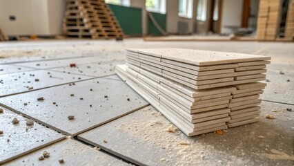 Poster - An intriguing perspective of a tile spacer stack leaning at an angle on an unfinished floor surrounded by tiny flecks of debris and dust portraying the essence of an ongoing