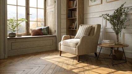 Poster - An intimate nook with a comfortable chair atop a halffinished parquet floor creating a rustic yet contemporary atmosphere filled with potential.