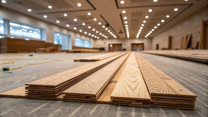 Aufkleber - An intimate view of the flooring preparation showcasing a neatly organized array of wood planks illuminated softly by the glow of ambient ceiling lights.
