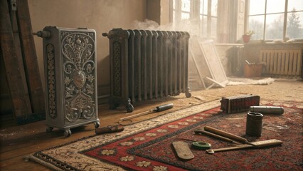 Fototapete - An intricate collection of radiator sections rests on a vintage rug surrounded by tered tools and a dusty atmosphere signaling an evolving space.