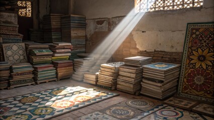 Aufkleber - An interior corner filled with stacks of tile remnants illuminated by a beam of light highlighting the different colors and shapes in the pile.