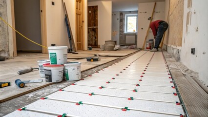 Poster - An intimate nook in a home where the floor has been leveled covered in linear rows of tile spacers and surrounded by paint cans and renovation paraphernalia.