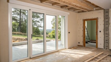 Aufkleber - An interior view emphasizing the contrasting surfaces of the partially installed sliding glass door with a smooth frame set against rough plaster and unfinished trim.