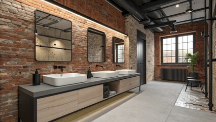 Aufkleber - An industrialstyle bathroom featuring exposed brick walls paired with modern fixtures creating a striking contrast between oldworld charm and contemporary design.
