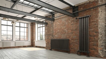 Poster - An industrialinspired corner featuring a raw exposed radiator installation with steel beams above and unpainted brick walls casting a rustic charm.