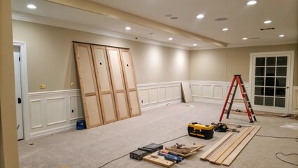 Aufkleber - An image of an empty living room corner highlighting a partially completed panel installation with some panels leaning against the wall and tools tered on the floor.