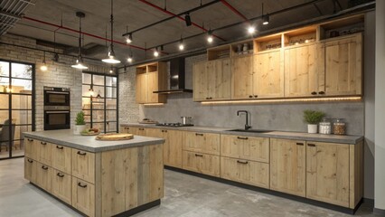 Poster - An industrialinspired kitchen showcasing unfinished wooden cabinets paired with concrete countertops and metal fixtures exuding a contemporary yet rustic charm.