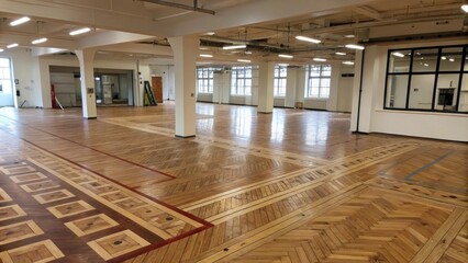 Poster - An expansive openconcept area displaying intervals of parquet flooring mixed with exposed underlayment offering a glimpse into the artistic possibilities of the upcoming finish.