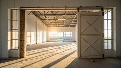 Aufkleber - A newly constructed doorway with temporary bracing revealing a view of a spacious empty room beyond highlighted by beams of sunlight casting shadows on the floor.