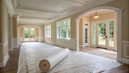 Aufkleber - An expansive living area featuring a roll of heavy plastic floor covering situated on the ground surrounded by walls painted in a soft neutral tone.