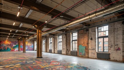 Poster - An expansive loft space with high ceilings and an artistic clash of exposed copper piping rugged walls and a colorful mosaic of leftover paint splatters.
