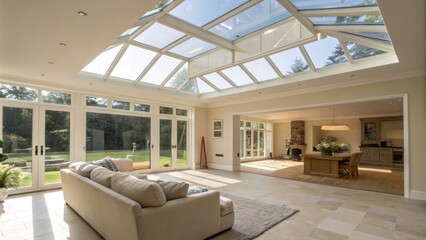 Fototapete - An expansive living room bathed in sunlight from a skylight framed by durable plastic sheeting complemented by the sound of hammers and drills in the background.