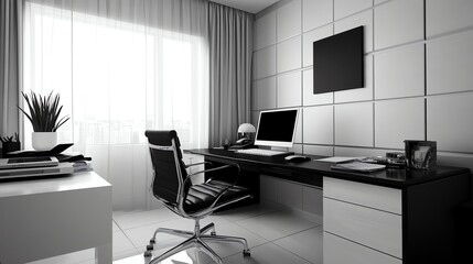 Poster - A minimalist, black and white home office with a laptop computer, a plant, and pencils in a cup.