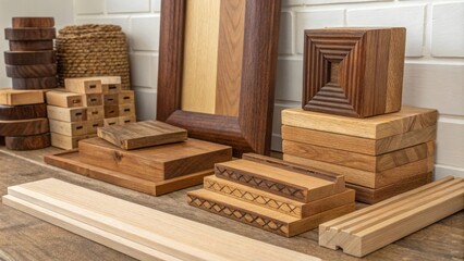 Poster - An endearing corner where wooden trim pieces are carefully assembled some stacked neatly while others tumble haphazardly celebrating the beauty of raw materials.