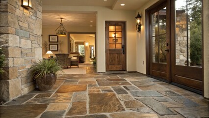 Poster - An entryway features rustic slate tiles with a natural finish leading into the home with a sense of warmth and earthiness.