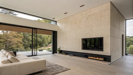 Poster - An expansive beige wall devoid of any artwork or furnishings marked by a rectangular section that has been repainted black denoting the future home of a dramatic linear fireplace.